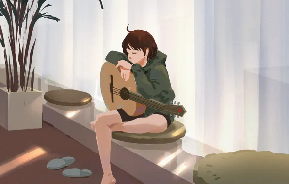 Guitar, rays of light, a flowerpot, short hairstyle, girl sitting, rays of light, a pot …