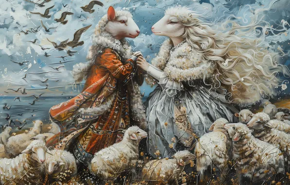 Birds, sheep, fantasy, pair, RAM, the herd, sheep, lambs