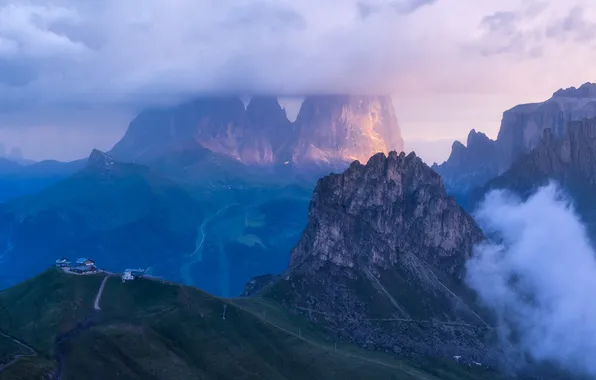 Mountains, fog, rocks, height, haze, houses, The Dolomites