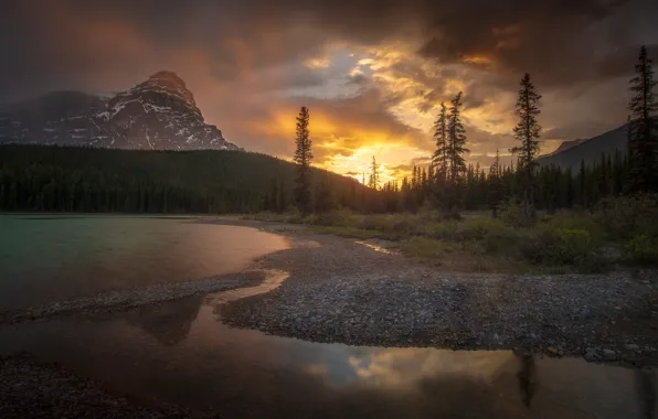 Forest, the sky, the sun, clouds, sunset, mountains, pebbles, lake