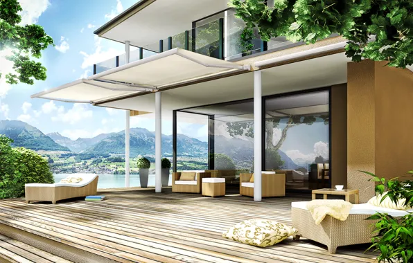 Wallpaper view, lake, terrace, mountains, Villa