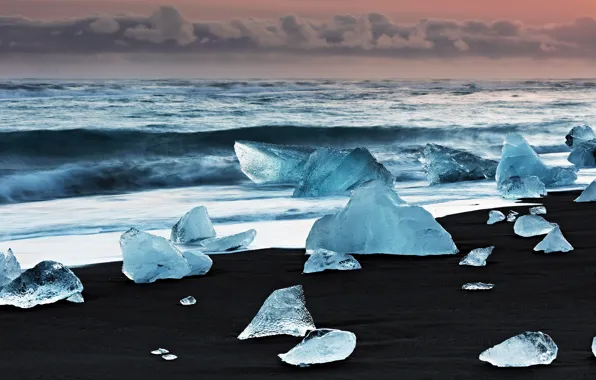 Ice, winter, sand, sea, wave, clouds, clouds, blue