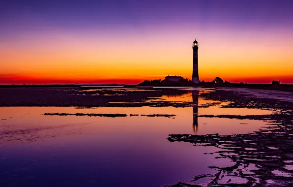 Sea, the sky, light, landscape, sunset, reflection, lilac, shore