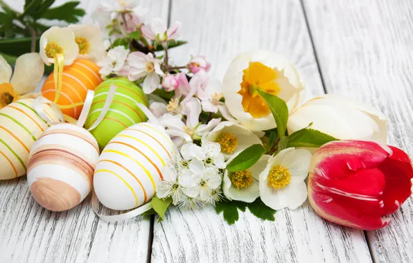 Flowers, eggs, spring, colorful, Easter, happy, wood, blossom