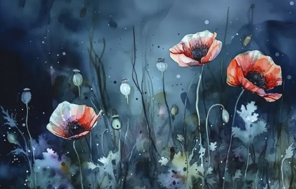Summer, flowers, Maki, picture, red, painting, imitation painting, AI art