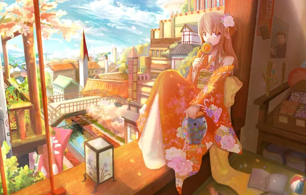 Girl, lollipops, orange morning