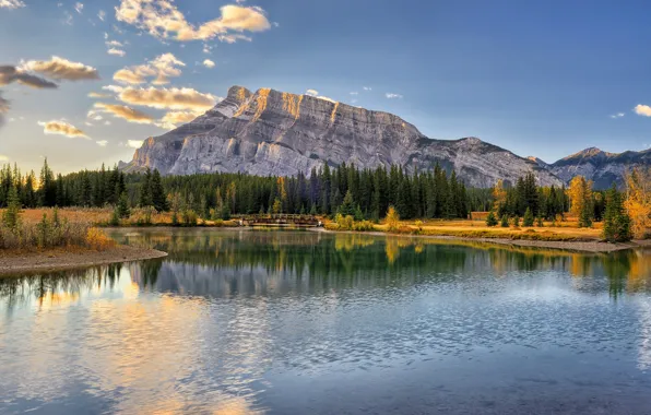 Autumn, the sky, trees, mountains, bridge, lake, Canada, Albert