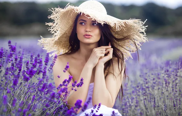Field, summer, girl, flowers, portrait, hat