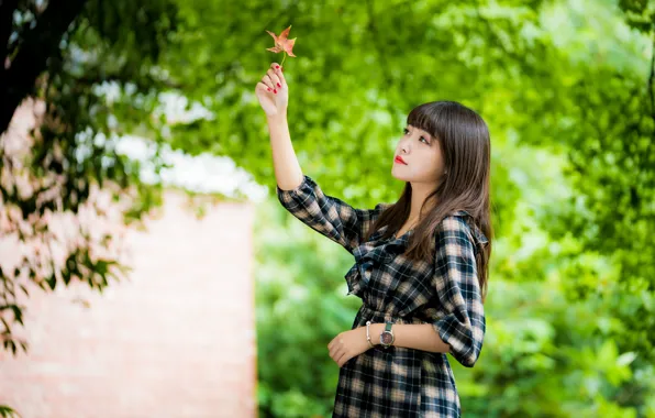 Girl, leaf, Asian, cutie, bokeh