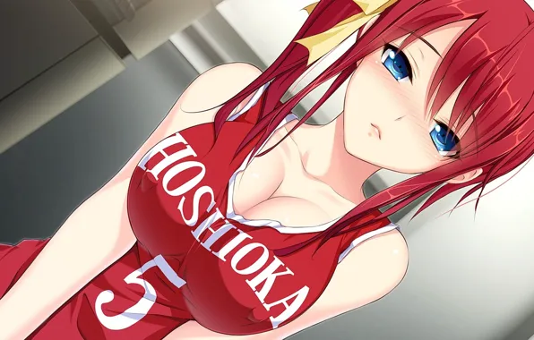 Mike, blush, blue eyes, flirting, bangs, red hair, languid eyes, Tsukishima Kyou