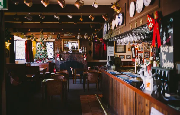 Holiday, cafe, fireplace