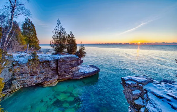 Trees, sunrise, rocks, lake Michigan, Lake Michigan