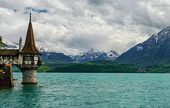 Picture the sky, mountains, lake, tower, Switzerland, Oberhofen im Inntal, oberhofen