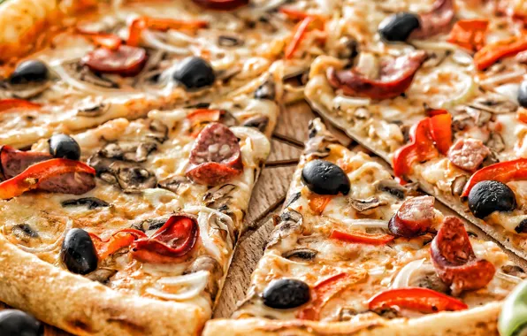 Mushrooms, pepper, vegetables, pizza, olives, sausage
