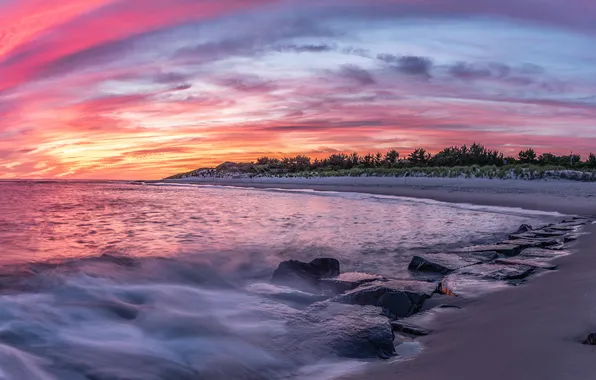 Sand, sea, wave, beach, the sky, clouds, light, trees