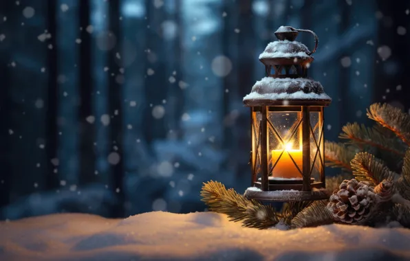 Winter, snow, night, Christmas, lantern, New year, Christmas, night