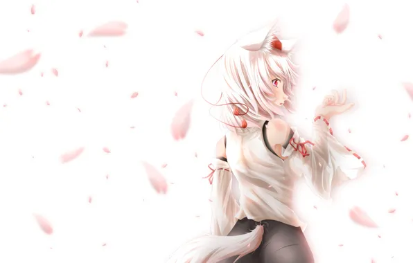 Picture girl, petals, art, tail, ears, touhou, inubashiri momiji