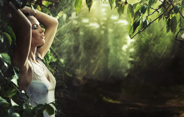 Picture greens, girl, trees, branches, nature, rain, brunette