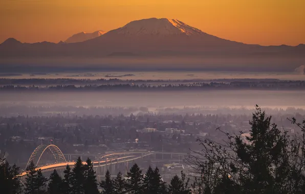 Clouds, mountains, bridge, horizon, Oregon, Portland, sunrise, United States
