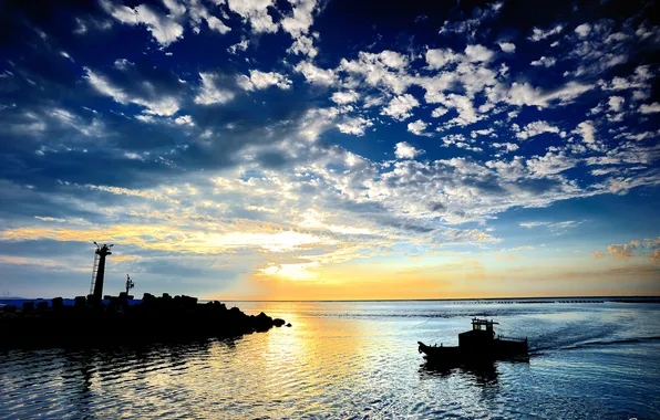 Sea, clouds, sunset, stones, ship, the evening, tower, boat