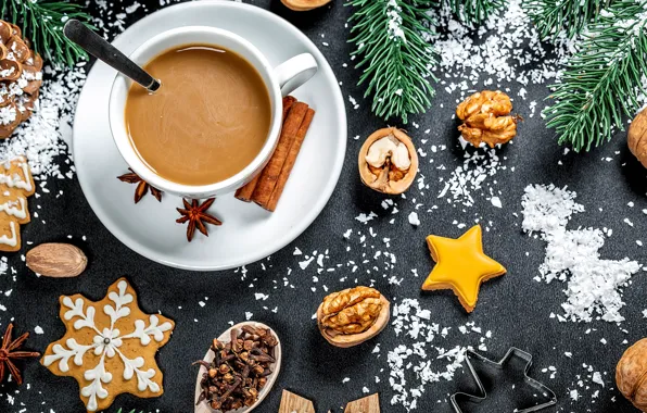 Tree, cookies, Cup, New year, nuts, cinnamon, Christmas, cakes