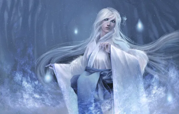 Picture girl, trees, hair, frost, yuki-onna