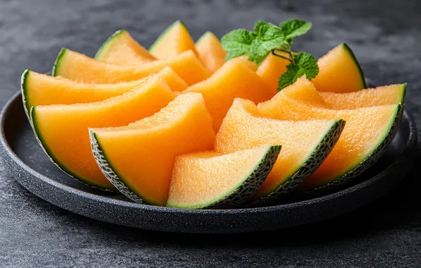 Summer, table, plate, grey background, mint, slices, slices, melon