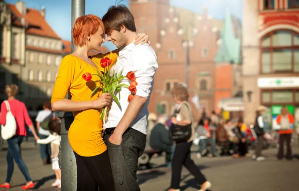 Picture girl, joy, flowers, the city, laughter, pair, tulips, red