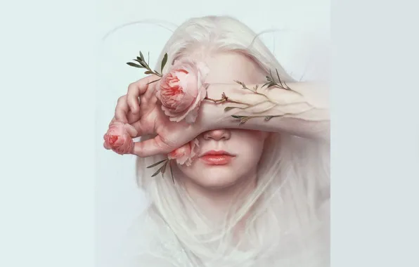 Picture hand, blue background, pink roses, portrait of a girl, long white hair, covering her face