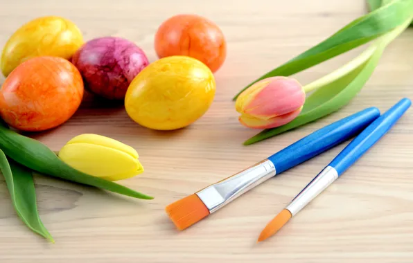 Picture flowers, holiday, eggs, Easter, tulips, brush, Easter, eggs