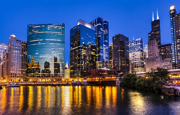 Picture light, the city, lights, reflection, river, coast, building, skyscrapers