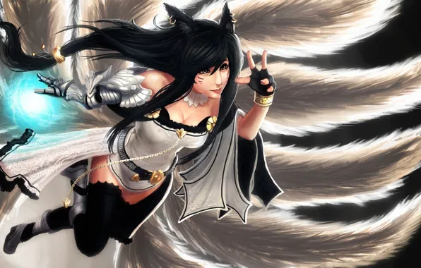 Girl, magic, art, league of legends, tails, ahri, artnothearts