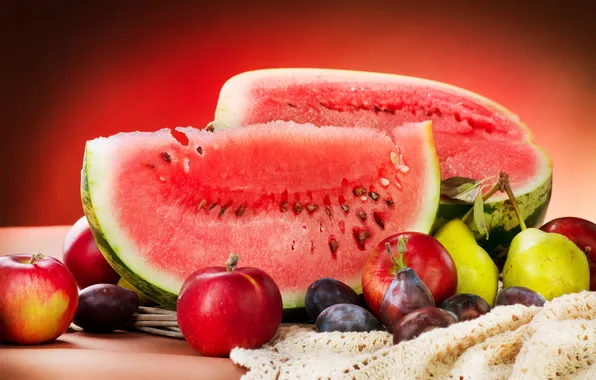 Picture summer, apples, watermelon, fruit, plum, pear, slice