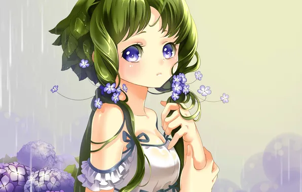Flowers, rain, art, girl, green hair, hydrangea