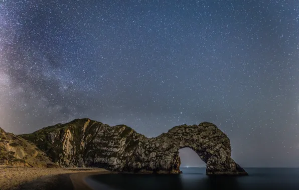 The sky, stars, rocks, shore
