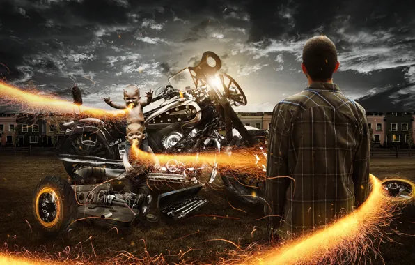 Fire, motorcycle, Bike, male