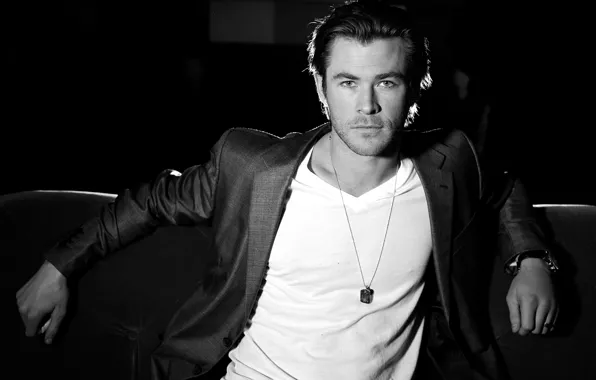 Picture t-shirt, actor, black and white, male, jacket, blonde, Chris Hemsworth, Chris Hemsworth