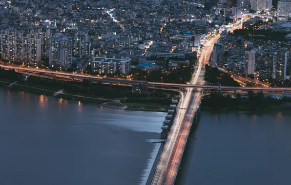 Bridge, the city, river, building, road, the evening, megapolis