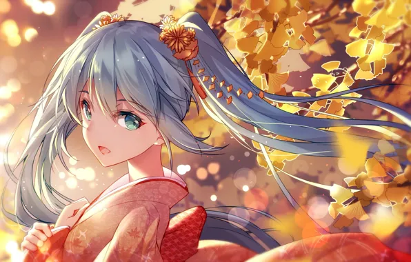 Picture leaves, branches, face, vocaloid, hatsune miku, yukata, Vocaloid, blue hair