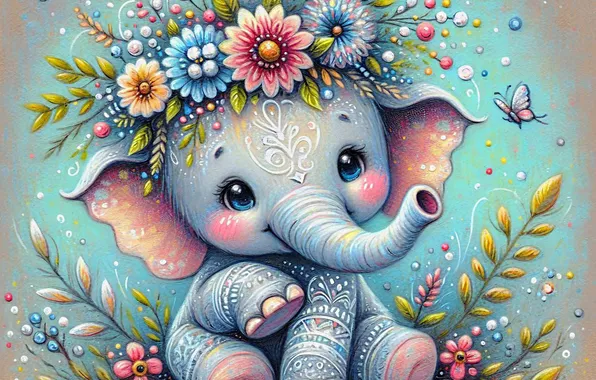 Flowers, elephant, styling, wreath, elephant, AI art, neural network