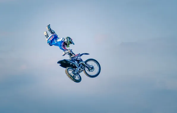 The sky, clouds, maneuver, rider, motocross, freestyle, FMX, extreme sports