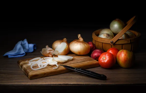 Bow, knife, still life, basket, vegetables, tomatoes, potatoes