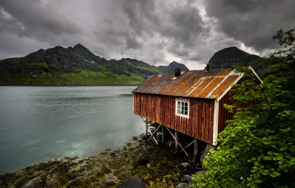 Sea, mountains, clouds, stones, shore, home, Norway