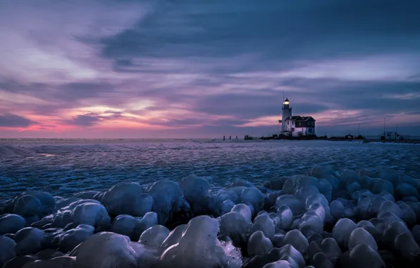 Sunset, lake, lighthouse, ice, Netherlands, Netherlands, Marken, Marken