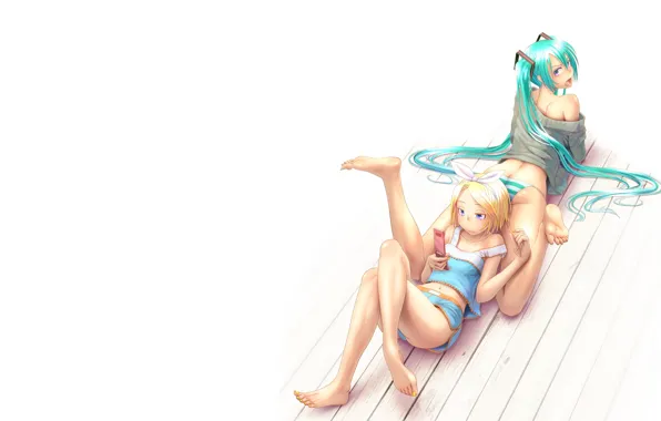 Picture pose, the situation, Mike, hatsune miku, kagamine rin, on the floor, wokada