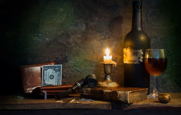 Wine, candle, tube, bill, Still life