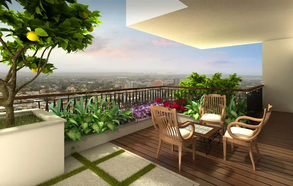 Picture flowers, the city, furniture, view, terrace