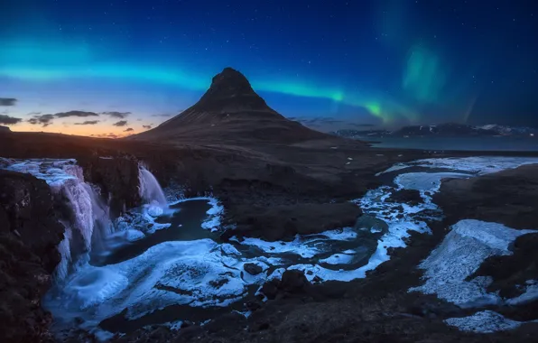 The sky, stars, night, Northern lights, the evening, morning, Iceland, mountain Kirkjufell