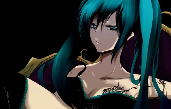 Girl, the dark background, chair, stockings, tattoo, art, tattoo, vocaloid