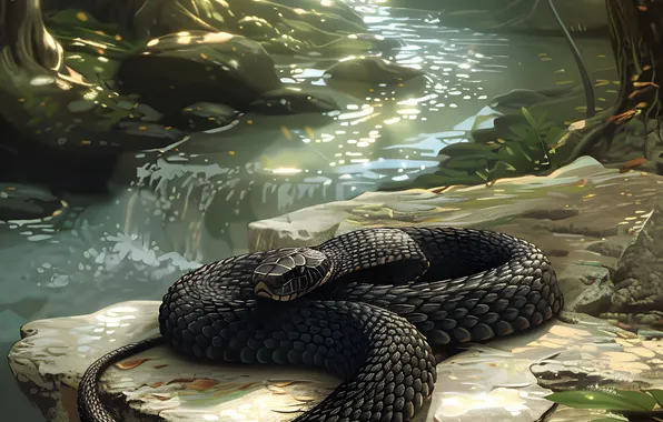 Snake, Trees, Forest, Stone, Art, River, Reptile, Animal